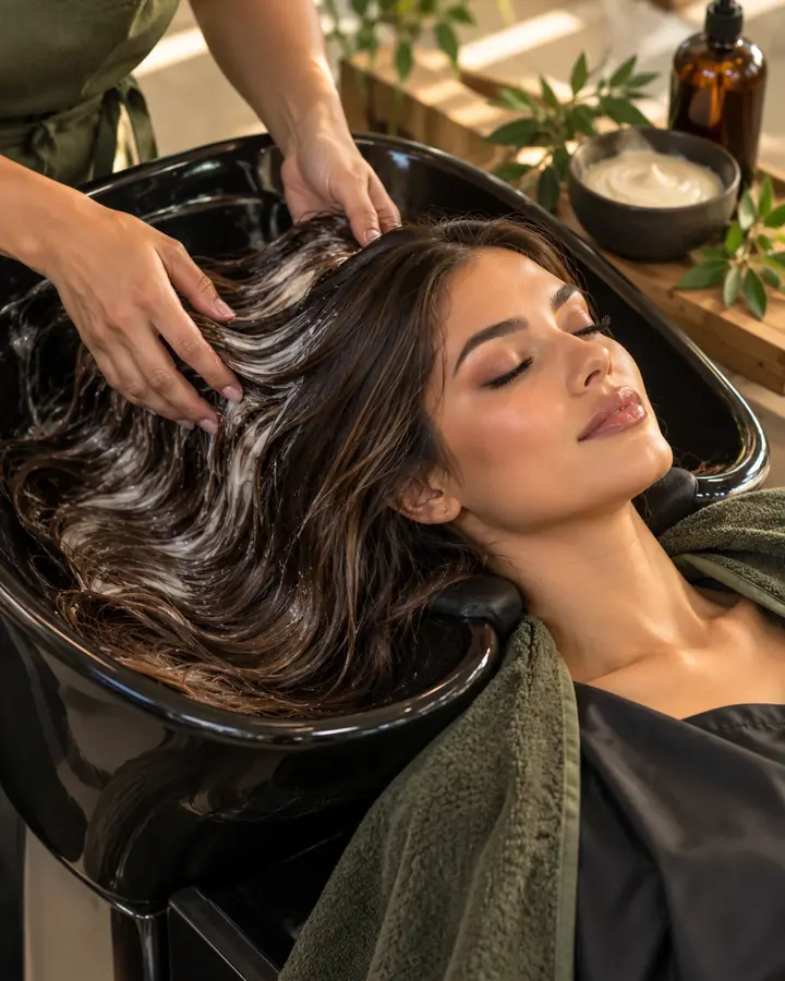 Stylist massaging a nourishing treatment mask through a client's long brunette hair at the shampoo bowl